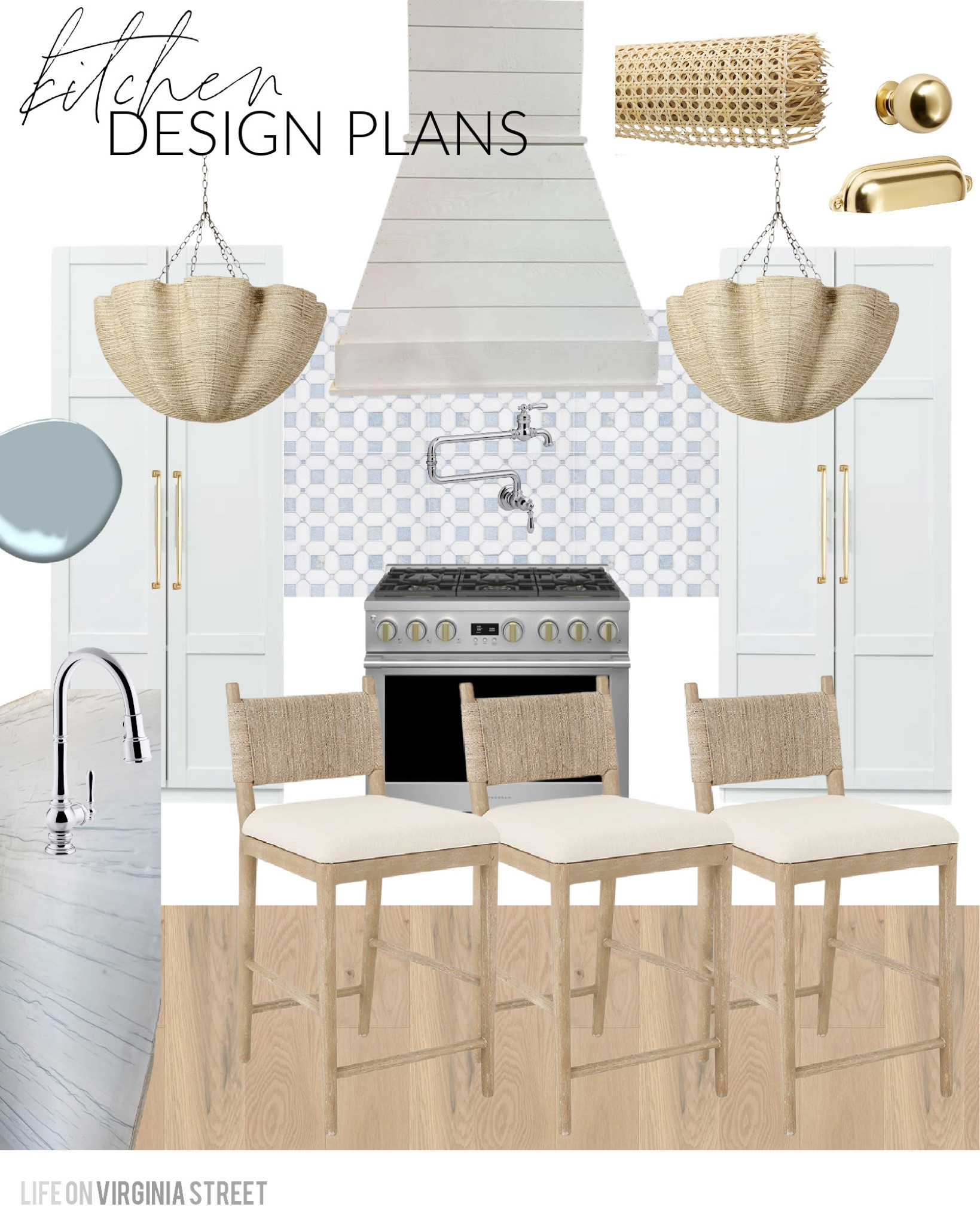 Tentative kitchen design plans for our Florida kitchen! Includes woven scalloped light fixtures, gold cabinet hardware, chrome faucet and pot filler, white and blue marble backsplash, and woven upholstered counter stools, and cane webbing for the glass cabinet doors! Get more details and additional design plans here: https://lifeonvirginiastreet.com/florida-design-plan-ideas/
.
#ltkhome #ltksalealert #ltkunder50 #ltkunder100 #ltkstyletip #ltkfind #ltkseasonal

#LTKSeasonal #LTKhome #LTKsalealert