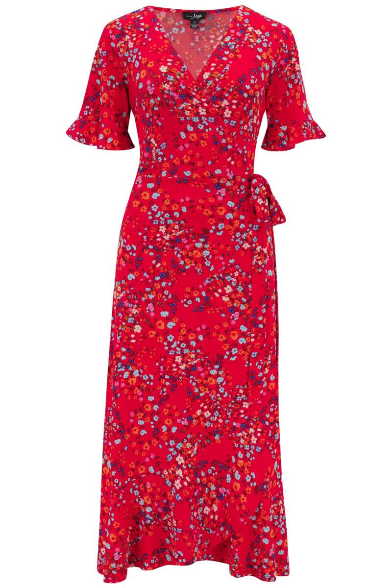 Megan Fuller Bust Slinky Jersey Frill Detail Midi Wrap Dress - Red Floral | Pour Moi