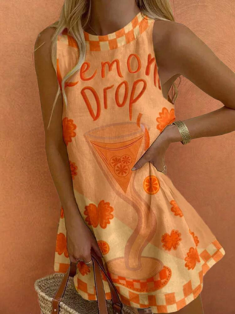 Sea Starshine Bohemian Style Summer Beach Casual Vacation Comfortable Women Lemon Cup Letter Contrast Plaid Leaf Pattern Sleeveless Dress, Brunch Outfit Elegant | SHEIN