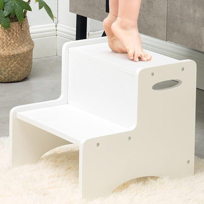 WOOD CITY Wooden Toddler Step Stool for Kids, White Two Step Children's Stool with Handles, Bonus No | Amazon (US)