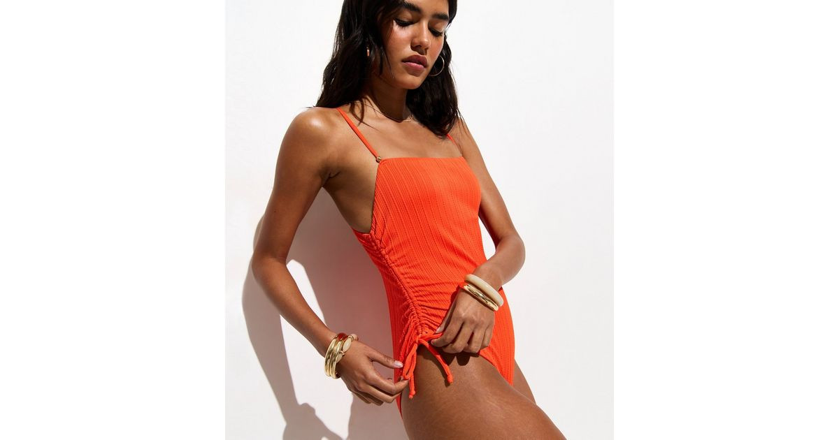 Bright Orange Textured Ruched Side Swimsuit | New Look | New Look (UK)