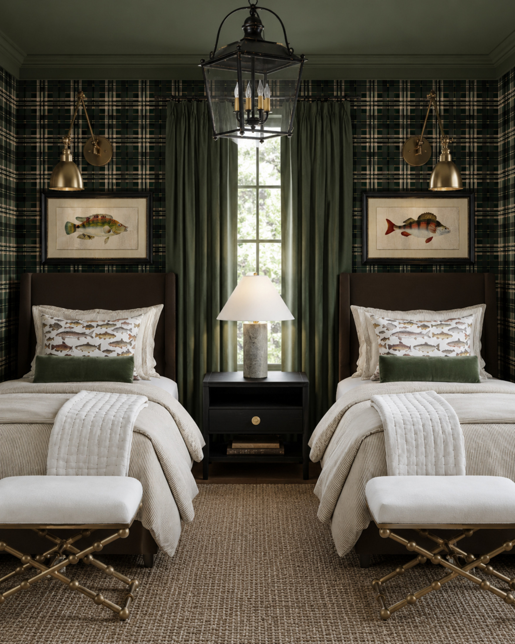 This bedroom is the perfect example of how to do the moody lake house look without making it feel overly themed. ✨

The plaid wallpaper, rich green accents, brass sconces, and tailored bedding give the room that cozy, elevated feel that instantly makes you want to stay awhile. I love how the darker tones are balanced with warm neutrals and layered textures so the space still feels inviting and timeless.

These are the kinds of pieces that completely transform a bedroom — classic patterns, statement lighting, and bedding that feels both polished and comfortable. Saving every detail from this one. 

 #LTKHome