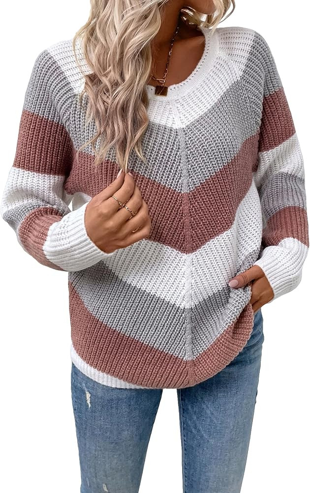 Women's Long Raglan Sleeve Color Block Sweater Round Neck Knit Pullover Tops | Amazon (US)