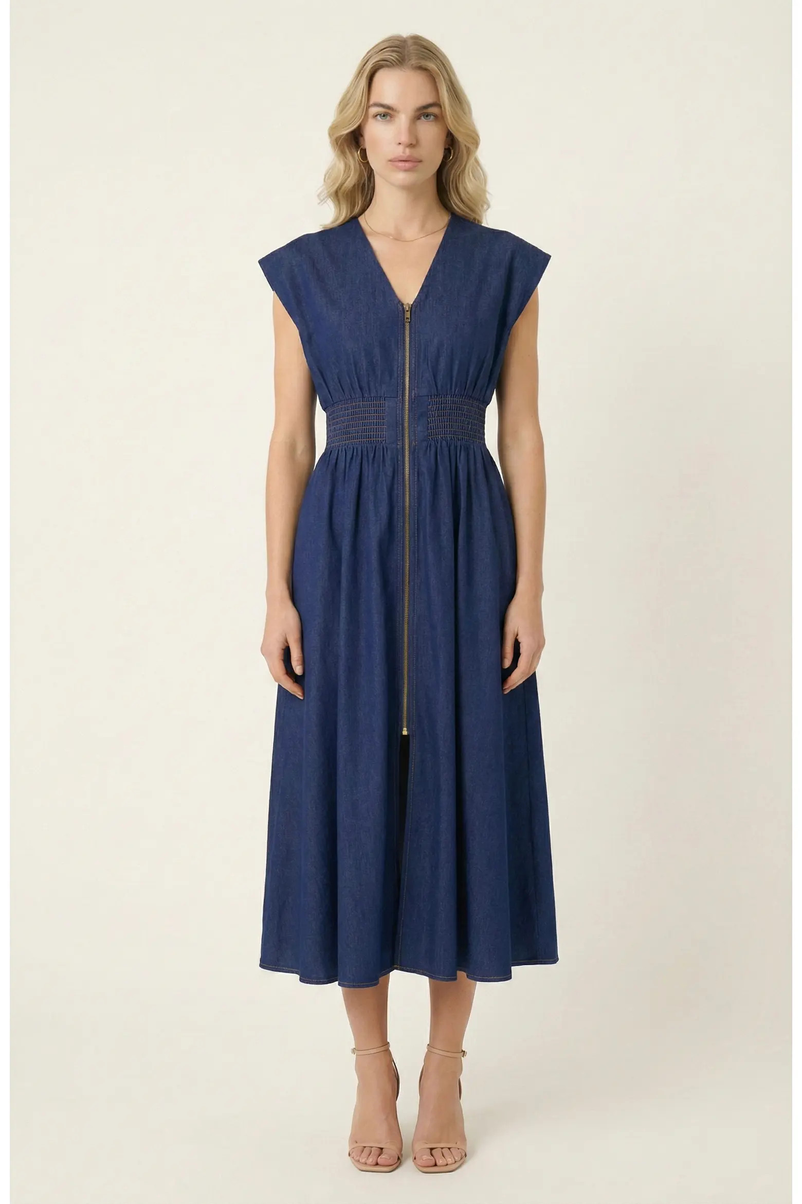 Zip Front Midi Dress with Cap Sleeves and Smocked Waist (Women) | Nordstrom | Nordstrom