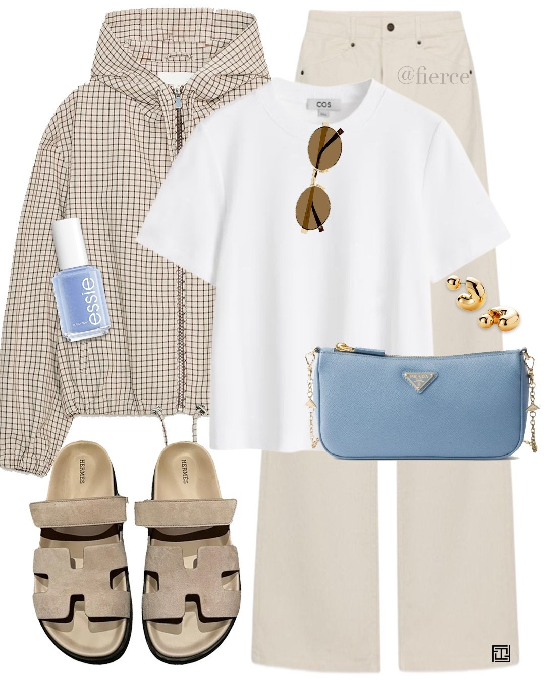 Cream jeans check jacket white tshirt Hermes sandals blue Prada bag casual weekend look 

#LTKeurope #LTKspring #LTKuk
