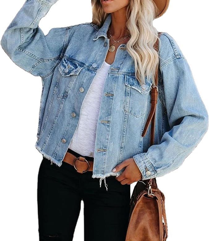 Ainangua Women's Casual Cropped Jean Jacket Frayed Washed Button Down Denim Jacket with Decorative P | Amazon (US)