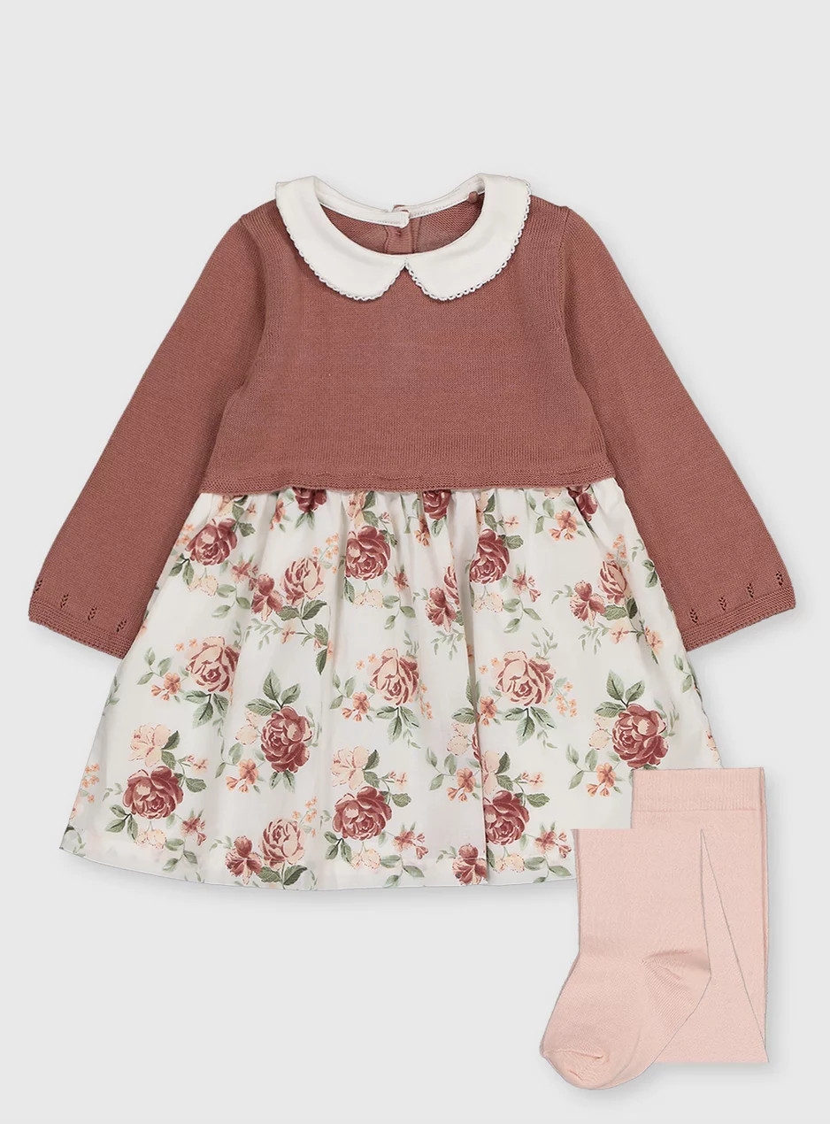 Dusty Pink Floral Dress & Tights (0-3 Years) | Tu Clothing