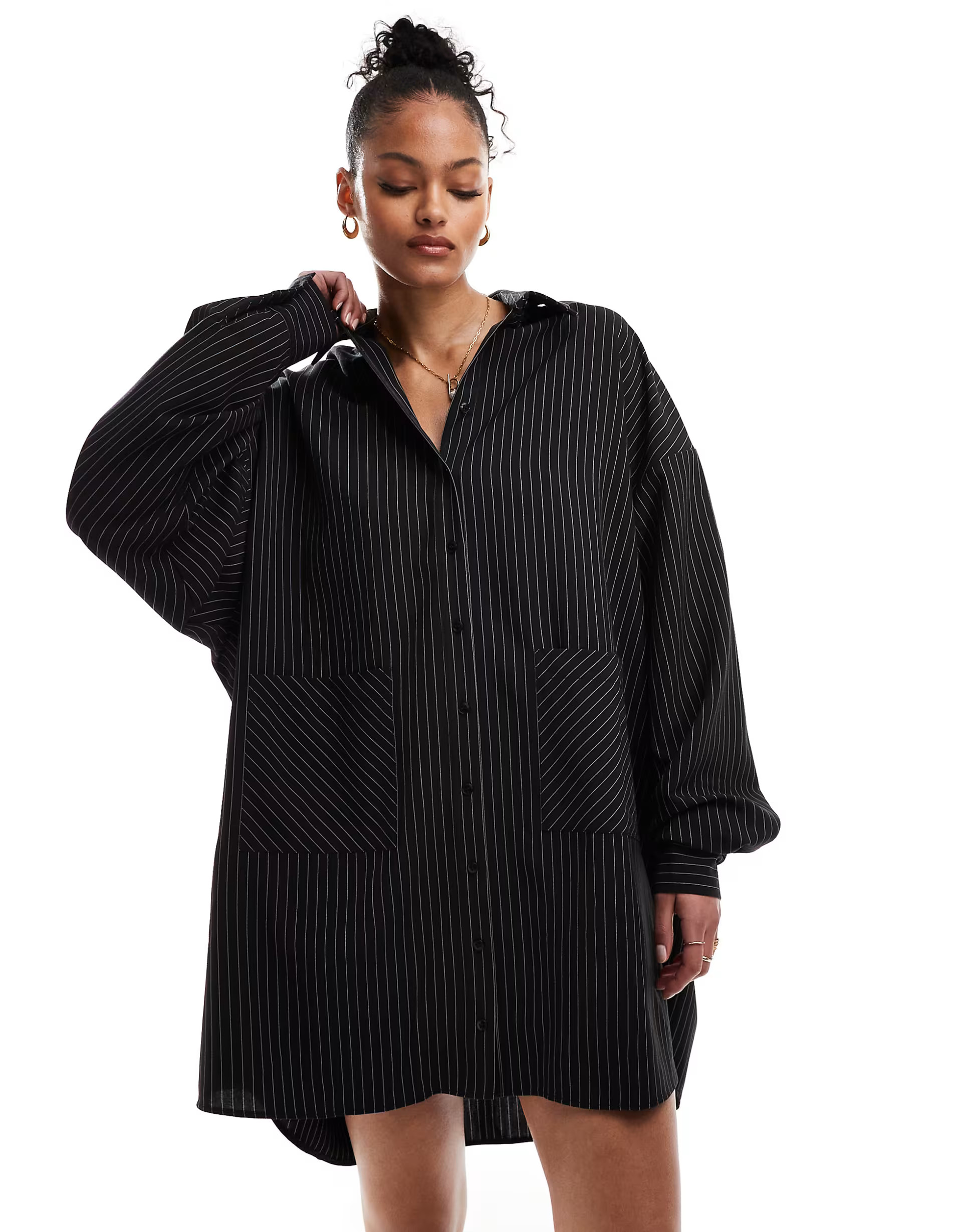 ASOS DESIGN Tall oversized shirt dress with dropped pockets in black pinstripe | ASOS (Global)