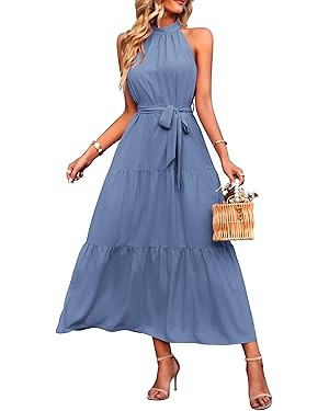 PRETTYGARDEN Women's Summer Floral Maxi Sun Dress Sleeveless Halter Neck Flowy Ruffle Hem Long Bo... | Amazon (US)