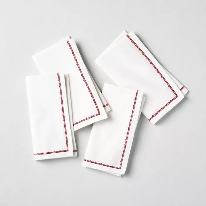 4pk Embroidered Border Napkin Set Red - Hearth & Hand™ with Magnolia | Target