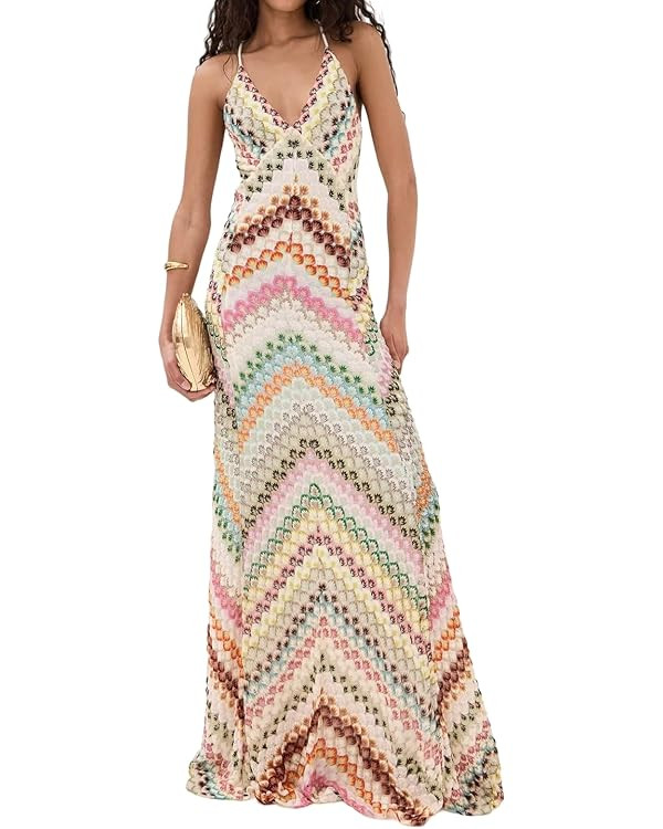 Women's Sexy Spaghetti Strap Dress Crochet Deep V-Neck Backless Bodycon Colorful Maxi Club Dress | Amazon (US)
