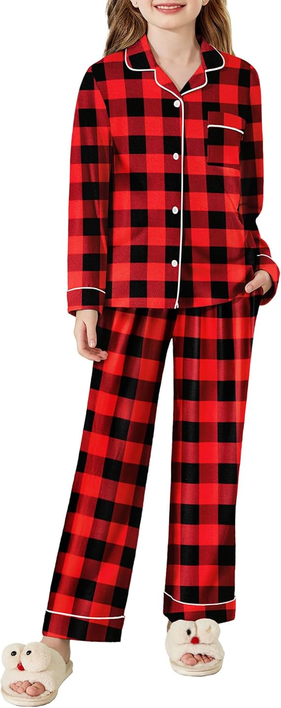 Arshiner Pajamas Set for Girls Plaid Long Sleeve Lounge Set Button Down Pj Sets | Amazon (US)