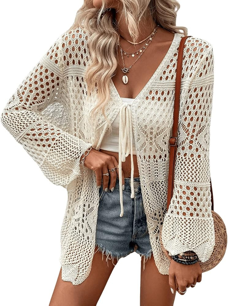 Verdusa Women's Tie Front Long Sleeve Hollow Out Sheer Kimono Cardigan Cover Up | Amazon (US)