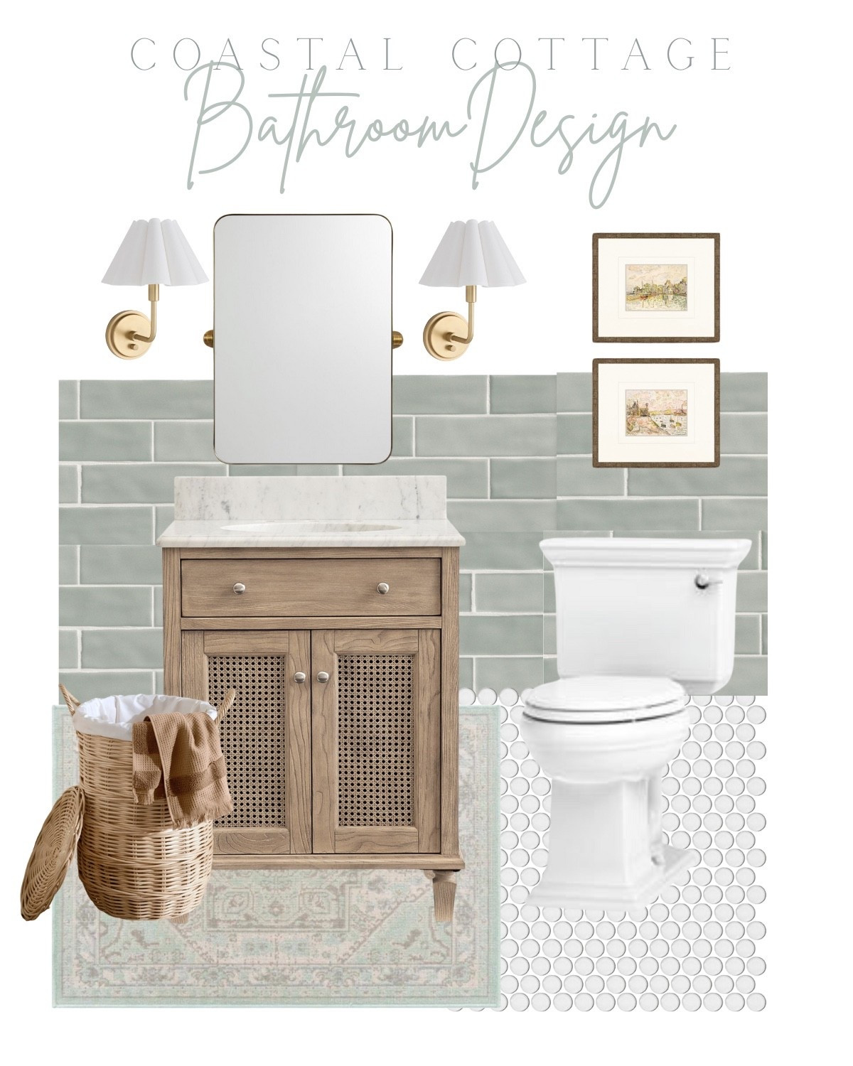 Cottage Bathroom Design

Small bathroom decor, powder room, cane bathroom vanity, sage green wall tile, white penny tile flooring, scalloped shade wall scone, gold bathroom fixtures, studio mcgee hamper, Kohler Memoirs toilet, gold mirror, landscape wall art

#LTKSaleAlert #LTKHome