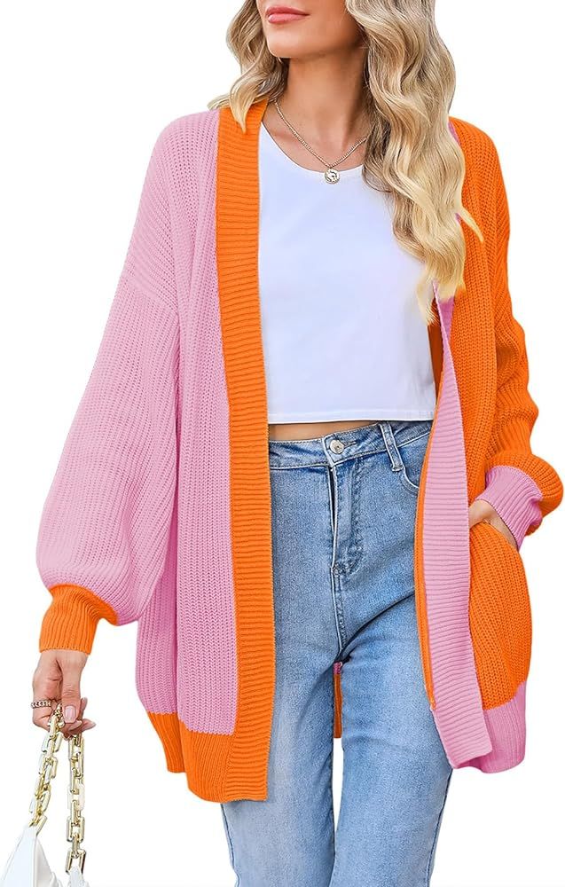 Pink Queen 2023 Fall Long Cardigans for Women Batwing Sleeve Open Front Ribbed Knit Oversized Car... | Amazon (US)