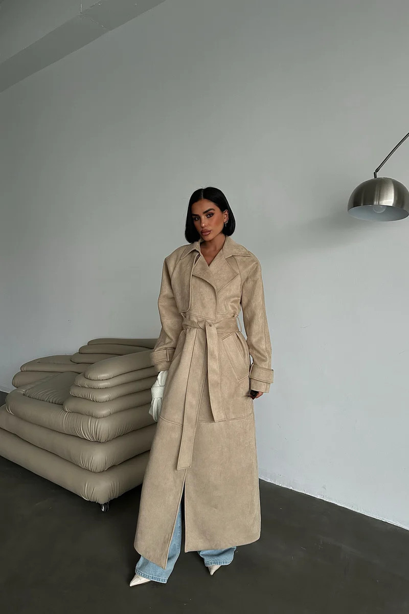 Sand Suede Belted Coat | PIRAL