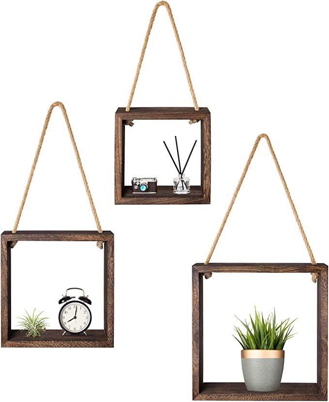 Mkono Hanging Square Floating Shelves Set of 3 Boho Wall Decor Rustic Wood Cube Photo Plant Displ... | Amazon (US)