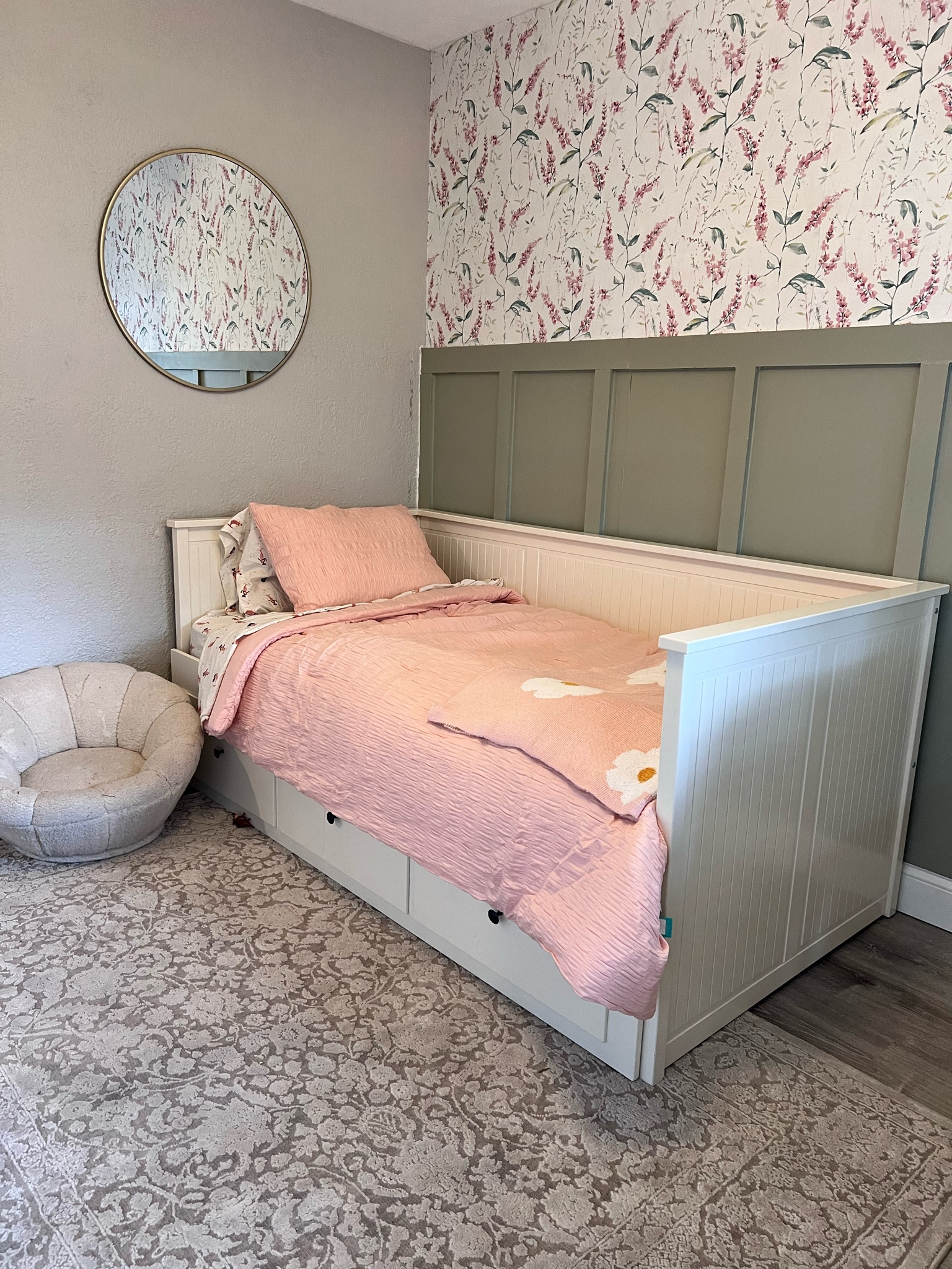 Nursery Inspiration! And my favorite dresser that transitioned from her nursery to her big girl room. Board and batten, wallpaper, dresser, green dresser, big girl room design, nursery design, girl bedding 

#LTKhome #LTKkids #LTKxTarget