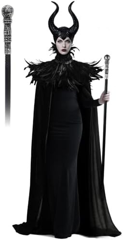 UQJE Black Gothic Witch Costume Raven Costume Halloween Feather Shawl Mesh Cape with Horns Set | Amazon (US)