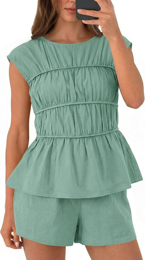 Tankaneo Womens Summer 2 Piece Short Sets Cotton linen Vacation Outfits | Two Piece Matching Set,... | Amazon (US)