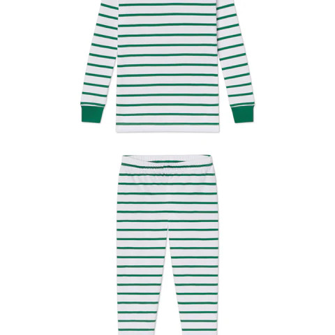 Kids Long-Long Set in Classic Green Anchor Stripe | Lake Pajamas
