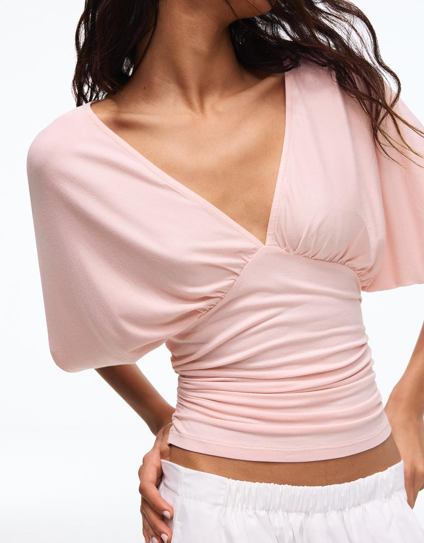 Ruched V-neck T-shirt - Women | Bershka UK