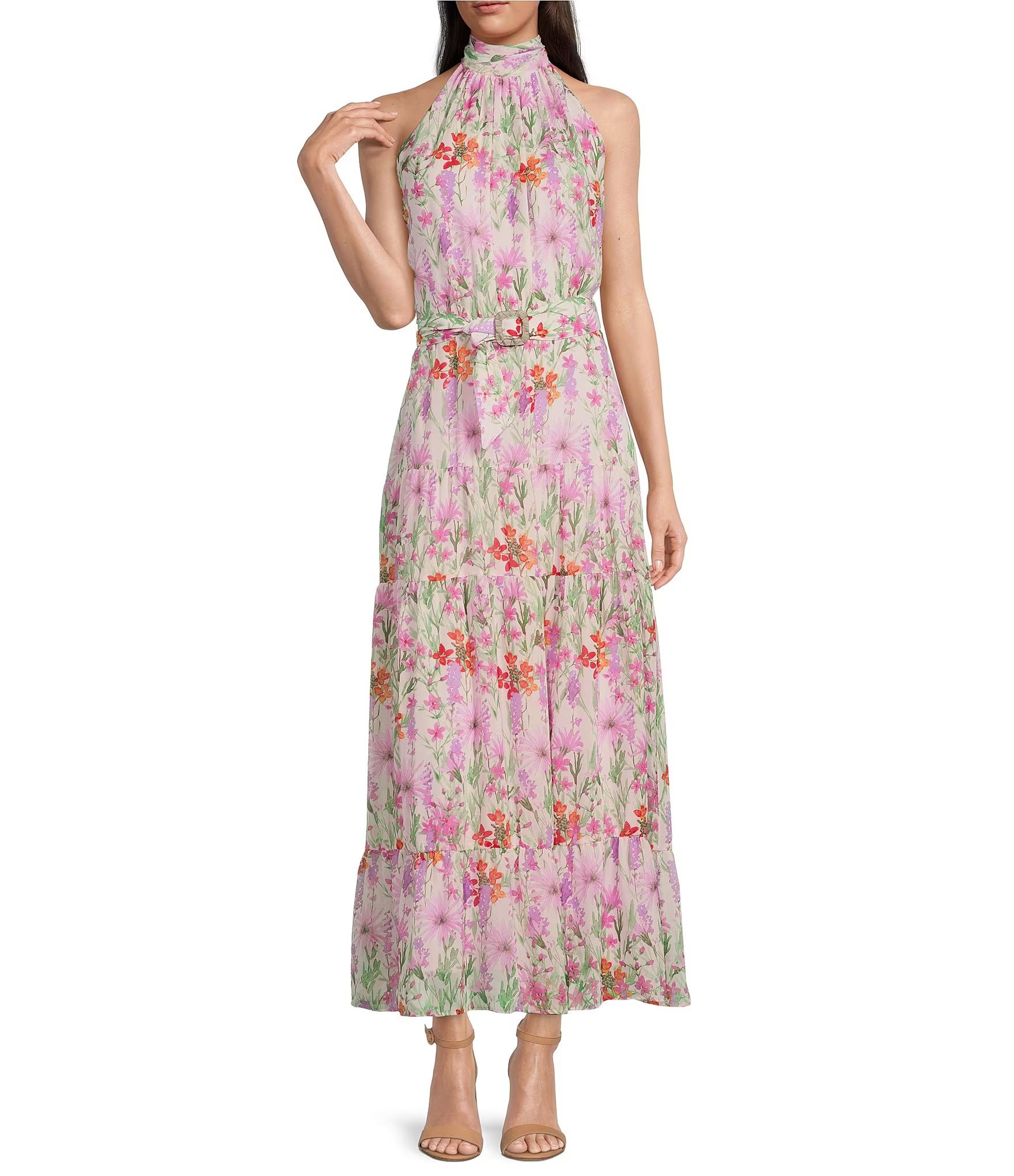 Floral Print Halter Mock Neck Sleeveless Belted Maxi Dress | Dillard's