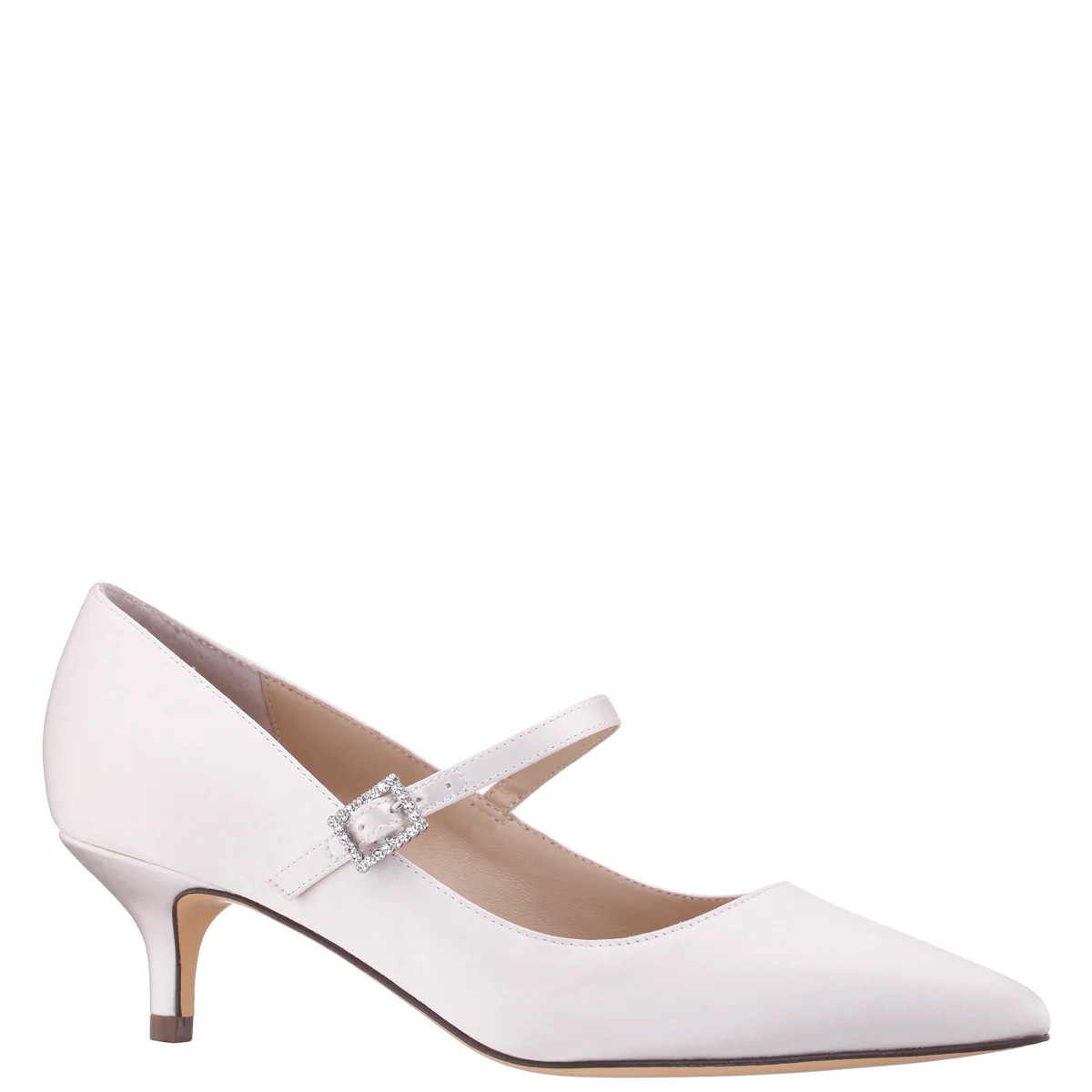 Womens Namali White Satin with Rhinestone Buckle Kitten-Heel Pumps | Nina Shoes | Nina Shoes