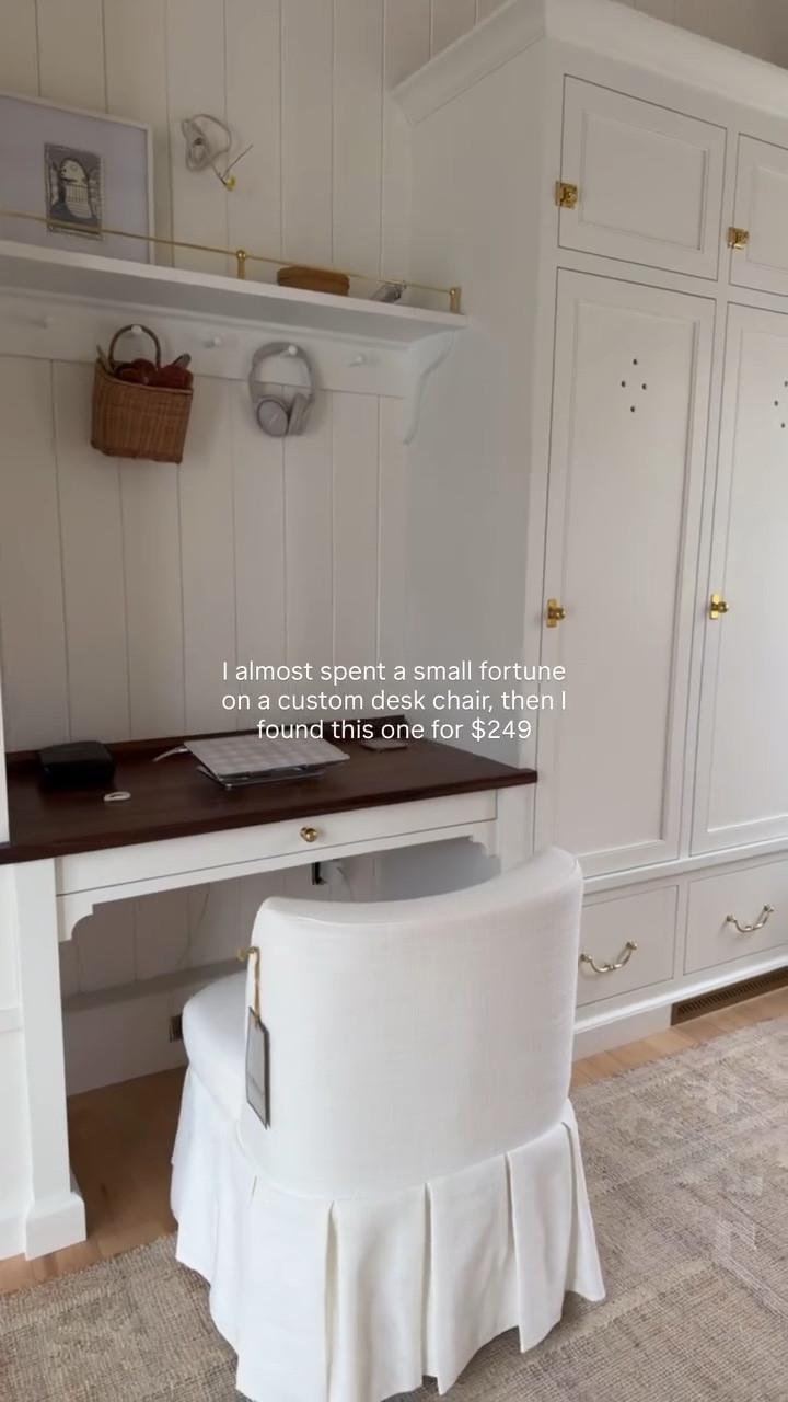Can you even believe this chair was only $249? The ruffle, the textured linen look, the color, the shape… I could go on. 
It would be perfect for a vanity or little reading nook too. I’m actually shocked at how comfy it is and really can’t recommend it enough. 

#office #homeoffice #linenchair #mudroom #cabinetry