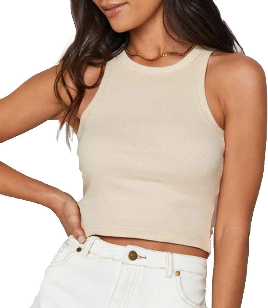 Ribbed Crop Tank Tops - Women's Basic Solid O Neck Knit Sleeveless Racerback Sports Tops | Amazon (US)