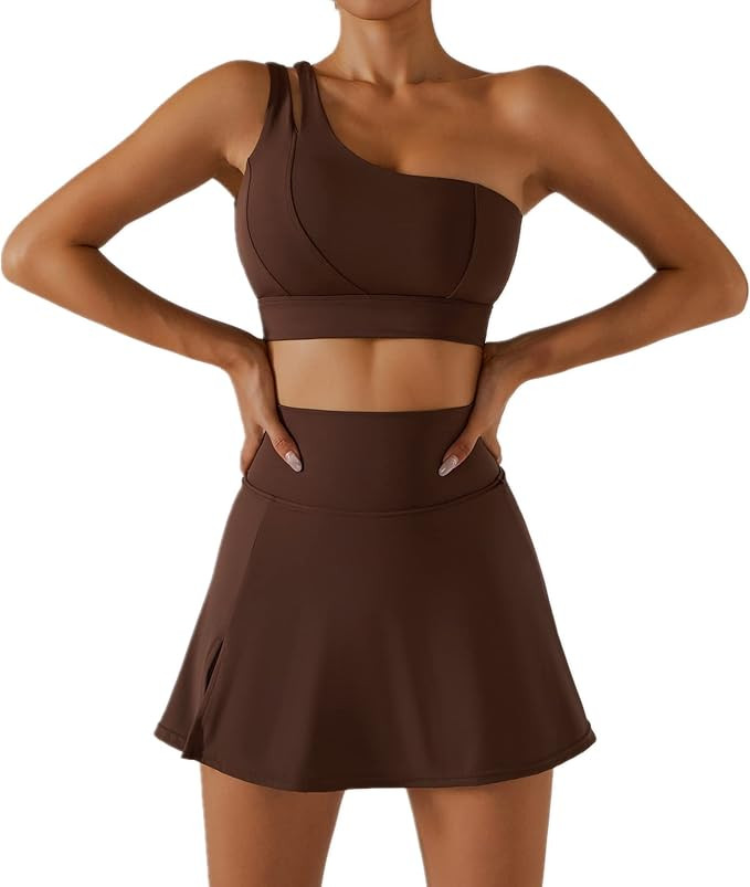 Women's Tennis Skirts Sport Bra Sets High Waisted Golf Skorts Skirt One Shoulder Sports Bra Runni... | Amazon (US)