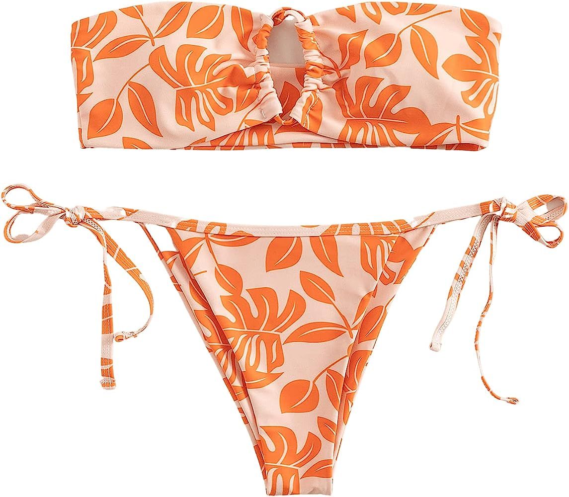 Orange Floral Strapless Bikini Tie Sides | Amazon (US)