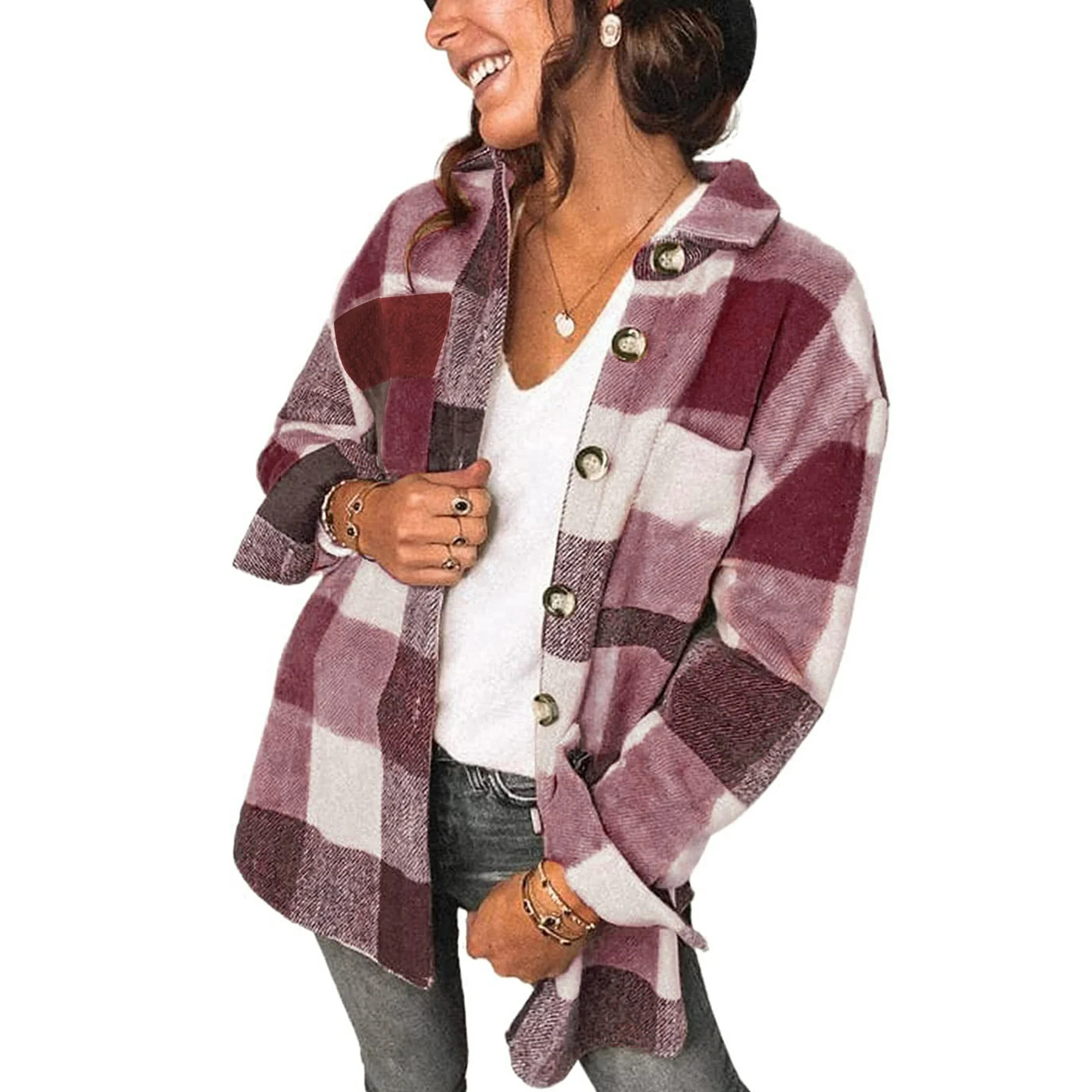 Fantaslook Womens Plaid Shirts Flannel Shacket Jacket Long Sleeve Button Down Boyfriend Shirt Coa... | Walmart (US)