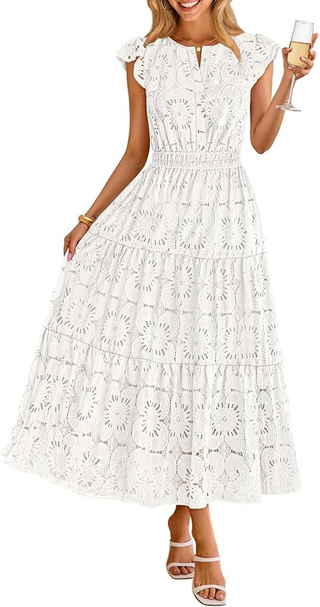 MEROKEETY Women's Summer Lace Eyelet Maxi Dress 2026 Spring Casual Boho Flutter Sleeve Tiered Flo... | Amazon (US)