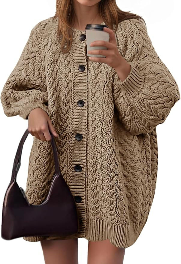 Saodimallsu Womens Cable Knit Cardigans Oversized Chunky Button Down Long Lantern Sleeve Crew Nec... | Amazon (US)