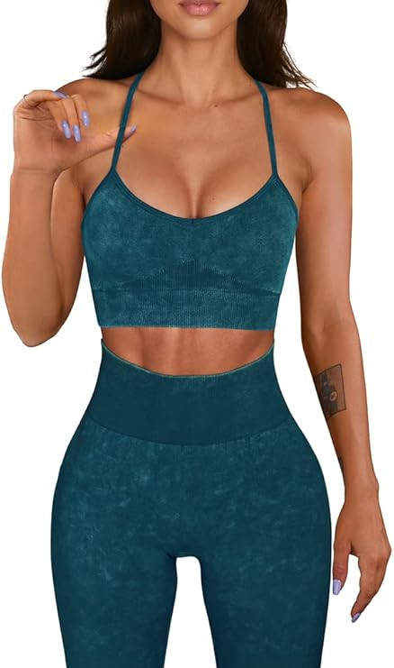 OQQ Workout Outfit for Women 2 Piece Seamless Acid Wash High Waist Leggings With Sports Bra Yoga ... | Amazon (US)