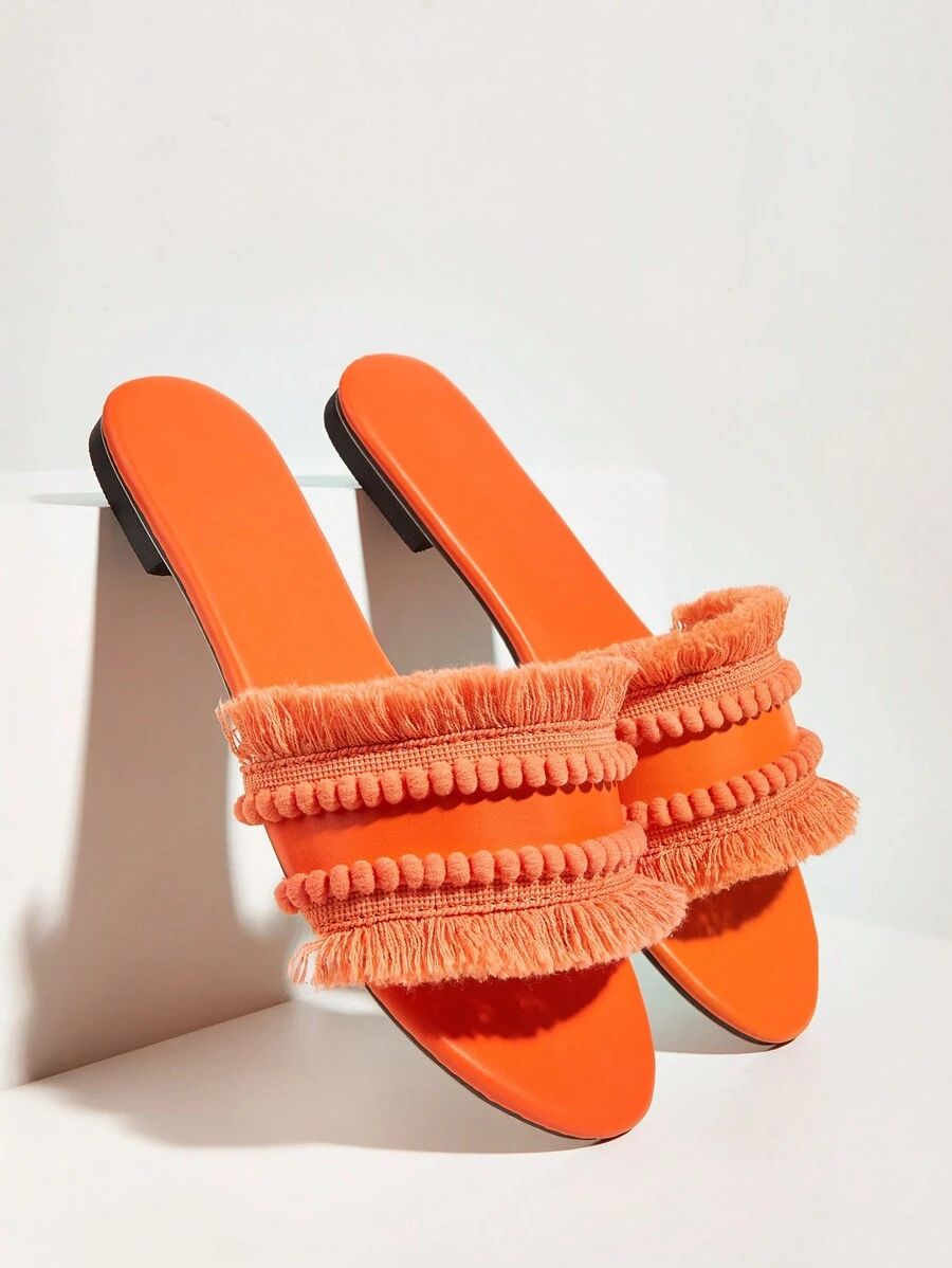 Women Orange Raw Trim Design Flat Sandals, Funky Open Toe Slide Sandals For Summer | SHEIN