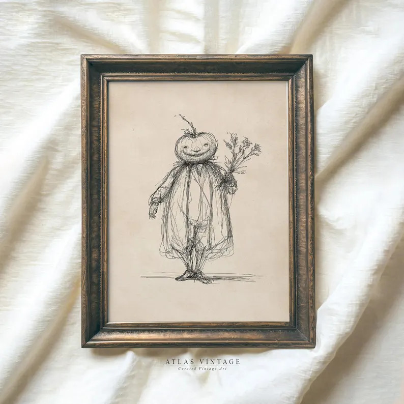 Vintage Funny Jack O Lantern Sketch Print, Halloween Pumpkin Line Drawing Printable Wall Art, Spo... | Etsy (US)