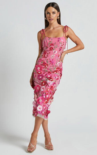 Jamich Midi Dress - Straight Neck Tie Strap Pencil Dress in Magenta | Showpo (US, UK & Europe)