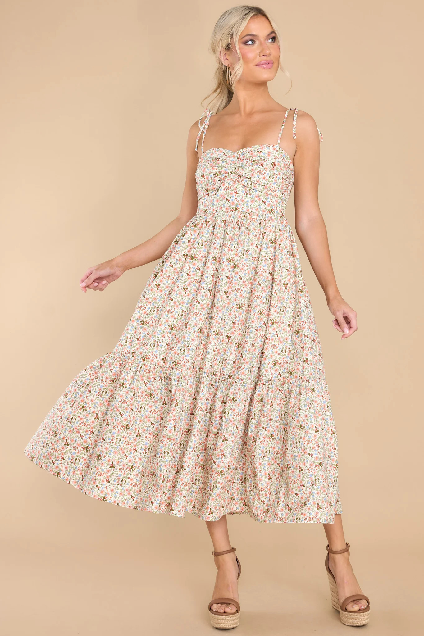 Frolic Through The Fields Ivory Multi Midi Dress | Red Dress 