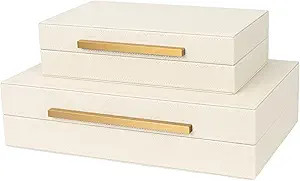 Beige Shagreen Decorative Storage Boxes – Set of 2 Faux Leather Jewelry & Memory Boxes with Gol... | Amazon (US)