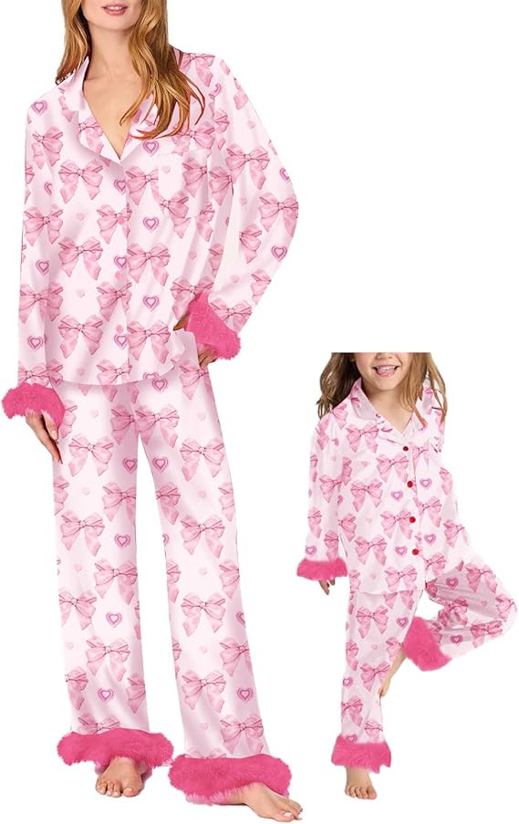 Awoscut Mommy and Me Valentine's Day Feather Pajamas Sets Cute 2 Piece Shirts Shorts Pjs Silk Jam... | Amazon (US)