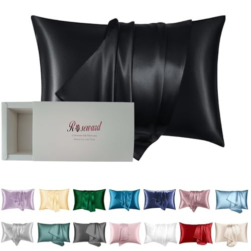 Organic Silk Pillowcase for Hair and Skin Made in USA, Natural Mulberry Silk Pillow Cases Black, 22 Momme, Oeko-TEX Certified, Anti Acne, 1 Pc 20"x26" (Standard, Black) | Amazon (US)