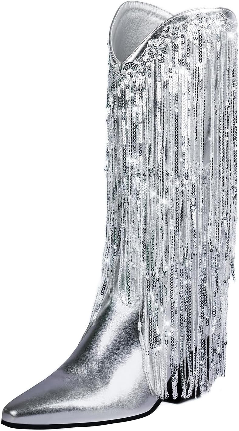 iiimmu Fringe Cowboy Boots for Women Metallic Cowgirl Sparkly Sequin Mid Calf Chunky Heel Pointed... | Amazon (US)