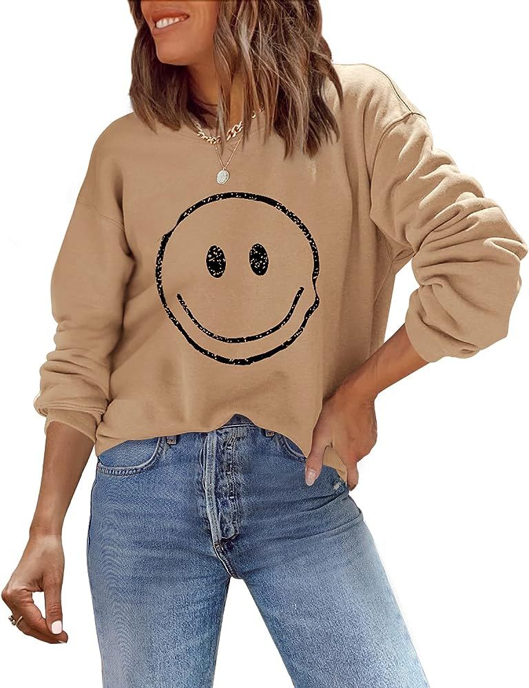 ReachMe Womens Smile Face Sweatshirt Cute Trendy Graphic Sweatshirts Casual Loose Long Sleeve Cre... | Amazon (US)