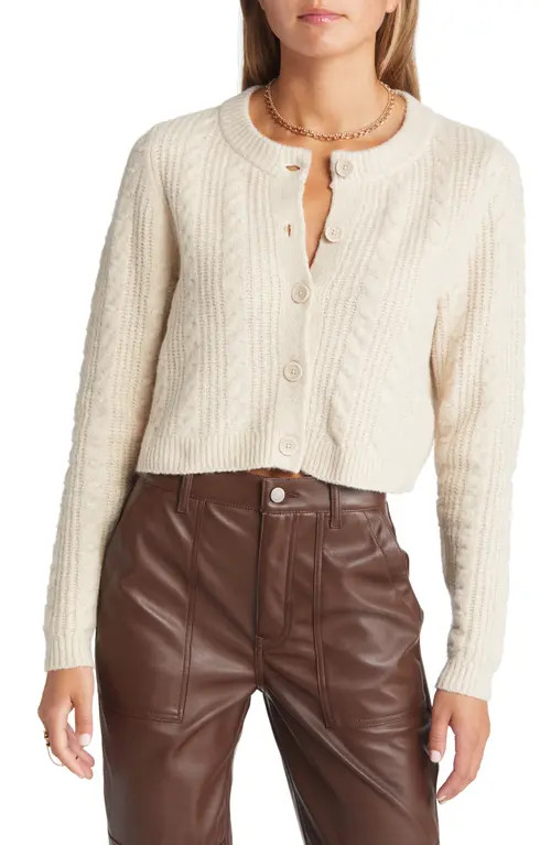 Open Edit Cable Knit Crop Cardigan in Beige Oatmeal Medium Heather at Nordstrom, Size X-Small | Nordstrom