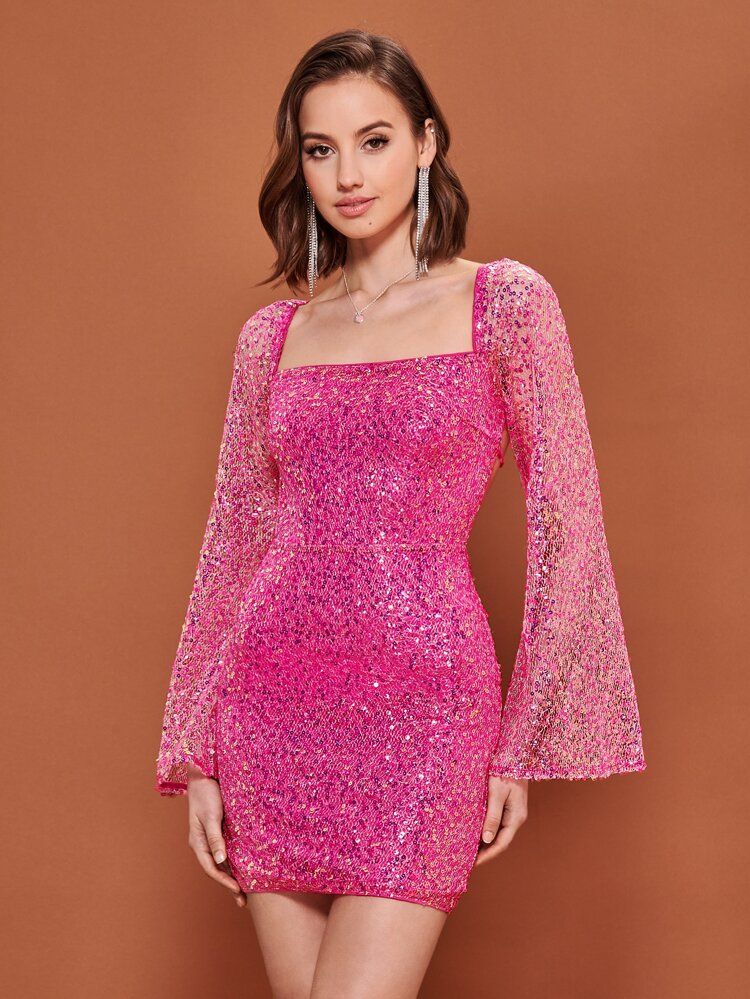 SHEIN BAE Square Neck Bell Sleeve Sequin Bodycon Dress | SHEIN