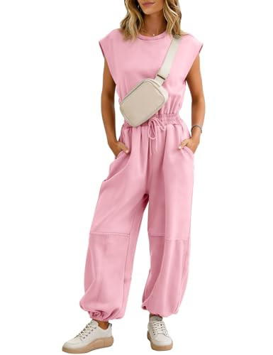Flygo Womens Casual Jumpsuit Crewneck One Piece Outfits LightPink M | Amazon (US)