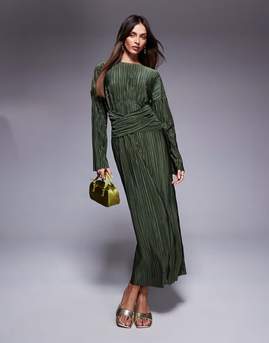 ASOS DESIGN plisse high neck long sleeve wrap waist maxi dress in khaki-Green | ASOS (Global)