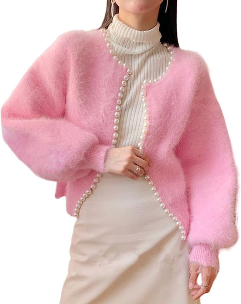 Cardigan Sweater for Women Solid Knit Outerwear Pearl Top Open Front with Trim Beading Plush Long... | Amazon (US)